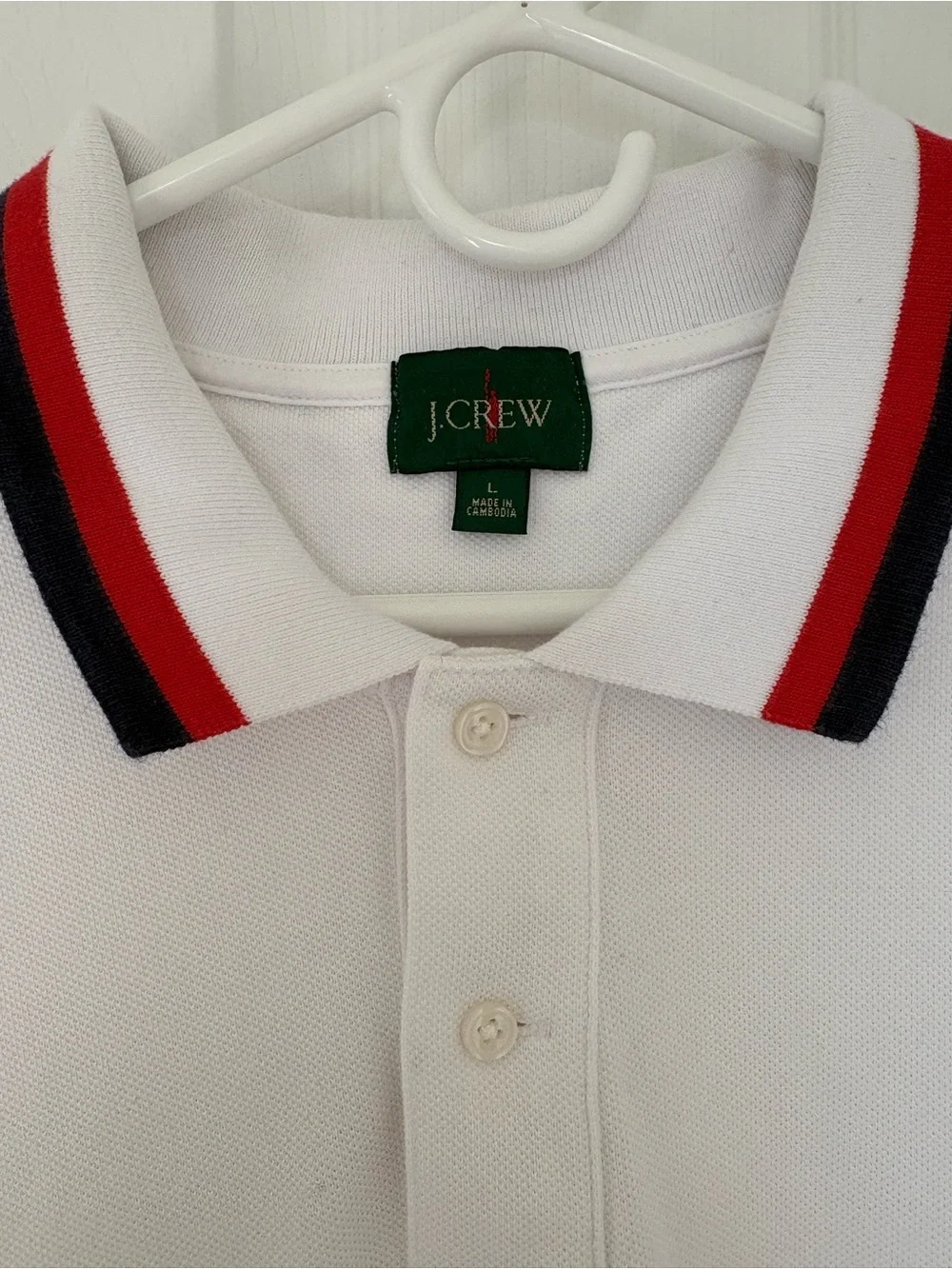 J. Crew White Polo with Red and Black Stripe Collar